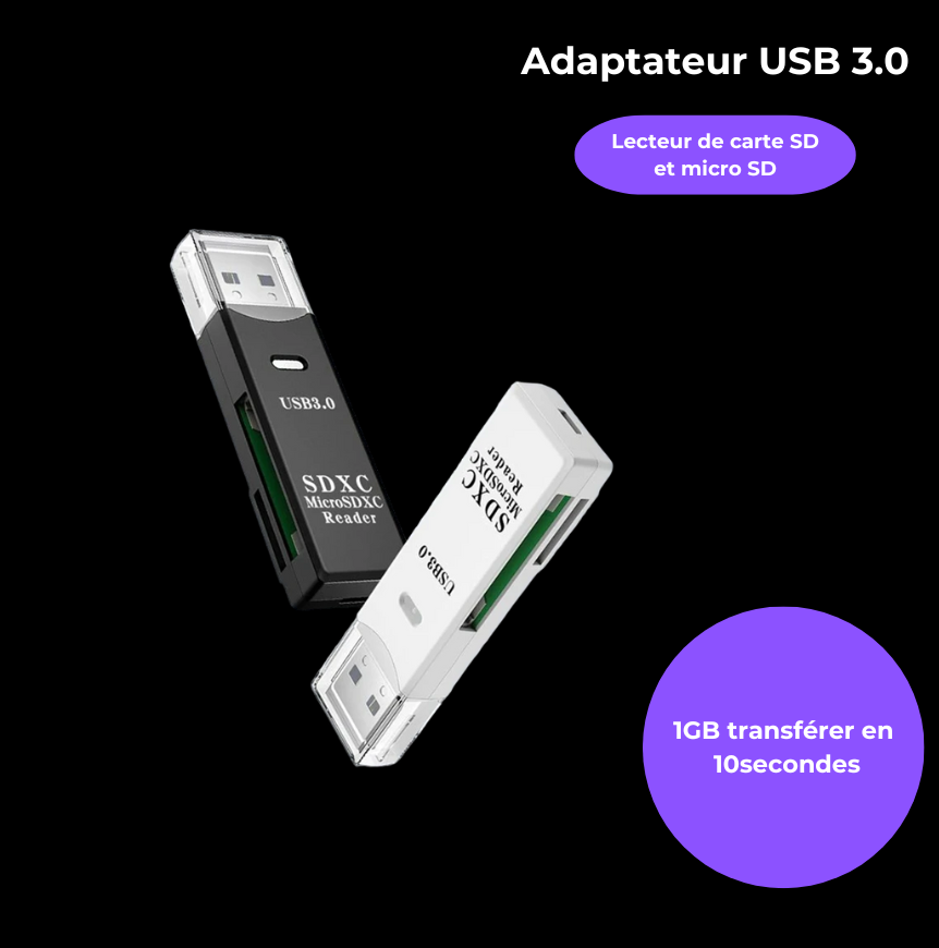 Adaptateur pour Carte SD USB 3.0 Noir et Blanc avec texte indiquant 1GB transférer en 10 secondes.
