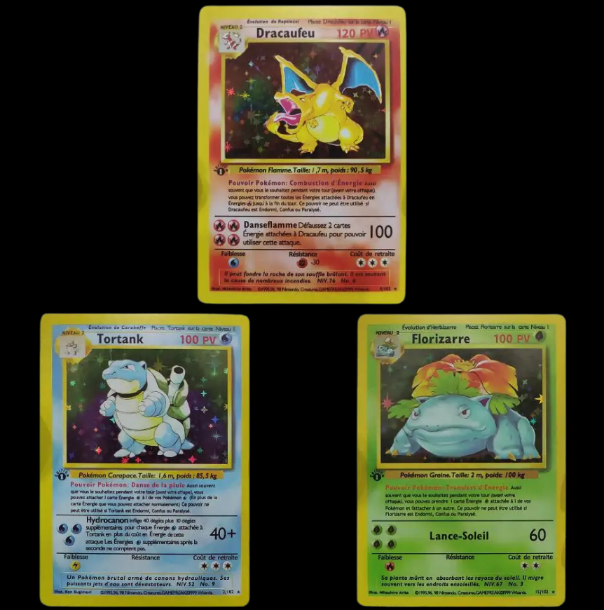 Cartes Pokémon : Dracaufeu, Tortank, Florizarre